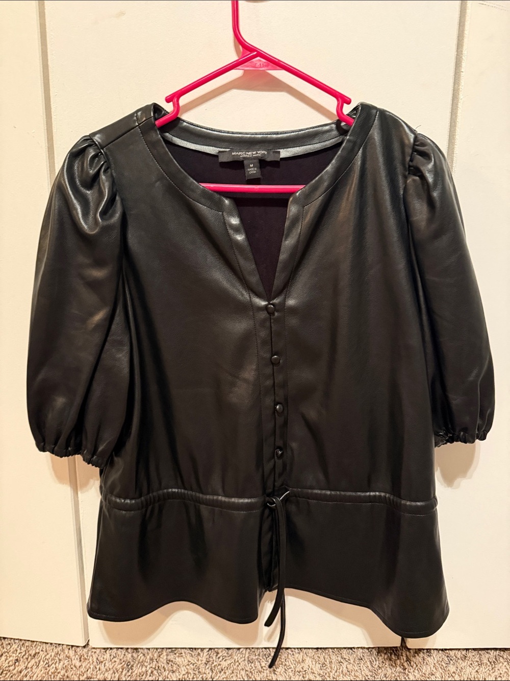 Marc New York Black Faux Leather Puff Sleeve Blouse